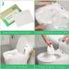 Instructions for using disposable toilet seat covers, showing removal, unfolding, and flushing.