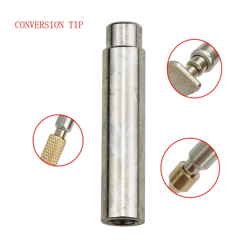 A silver metal pen with a conversion tip and various components for wood burning and soldering.