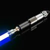 A silver lightsaber hilt with a blue blade is shown against a black background.