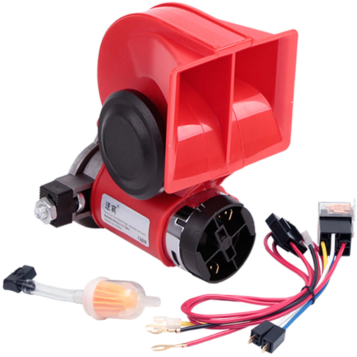 A red air horn kit featuring a loud horn, relay, and wiring harness.