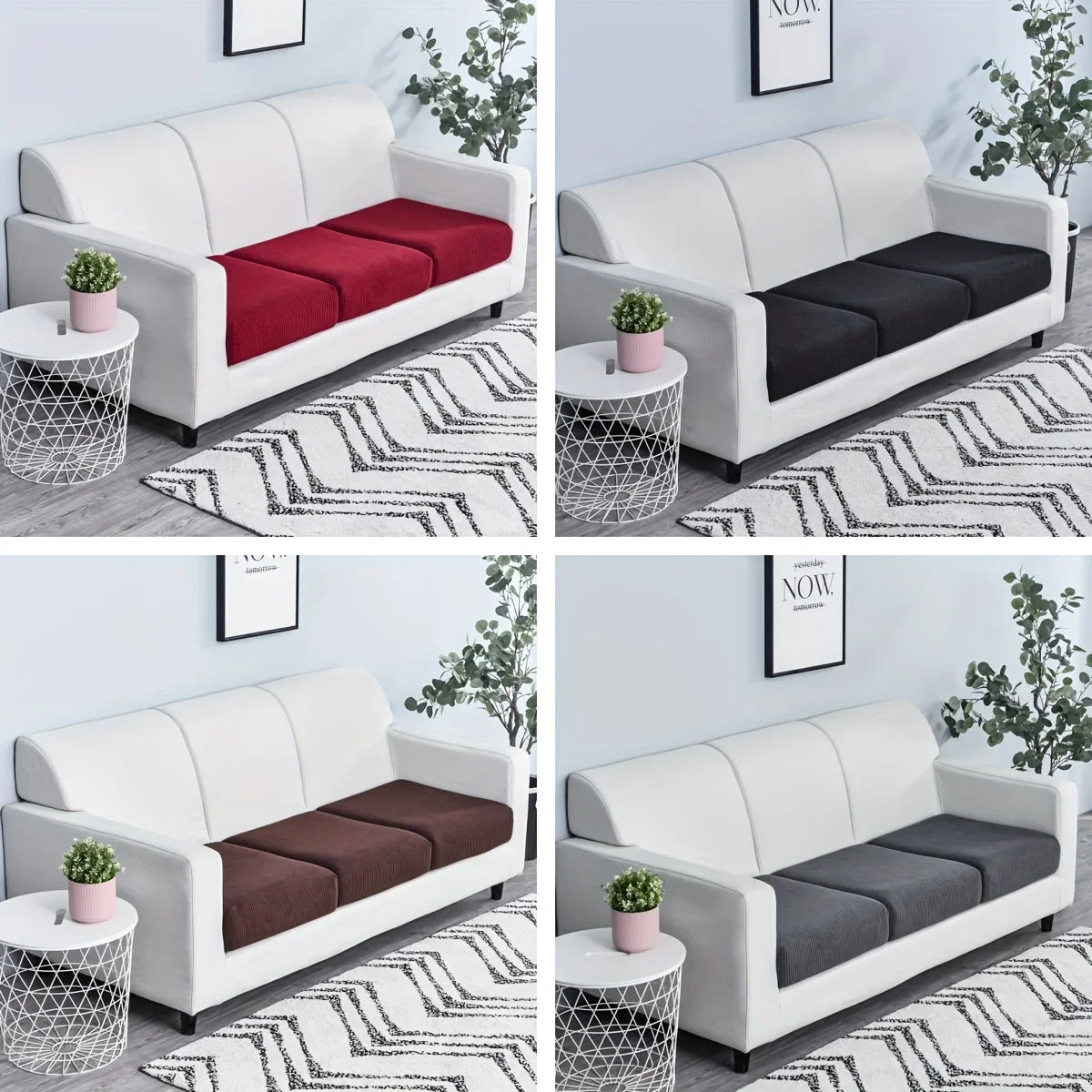 A white sofa slipcover with dark gray and maroon cushions displayed in various patterns.