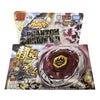 A Japanese toy packaging featuring a metal spinning top battle theme with colorful graphics and text.