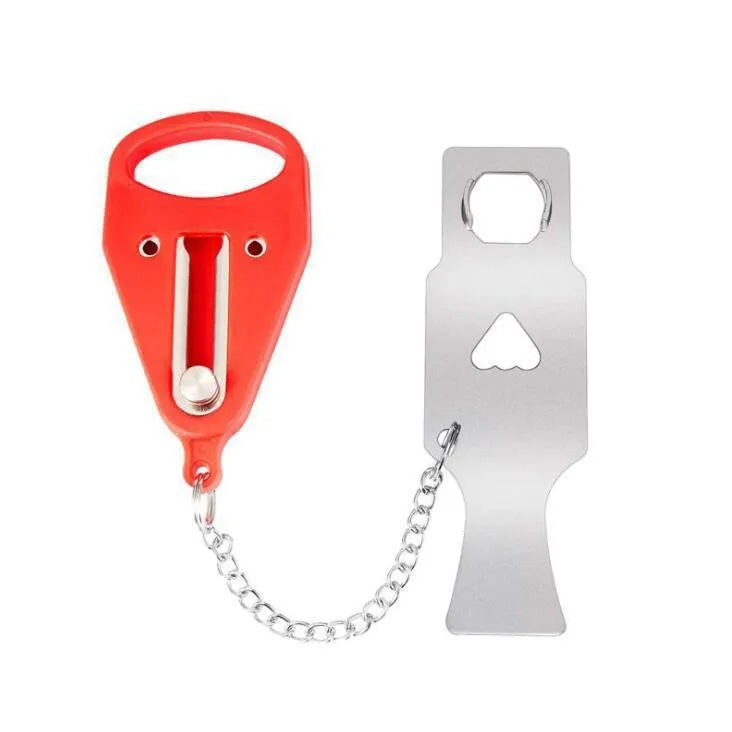 Verrou de porte à double trou en acier inoxydable avec poignée rouge et carte-clé argentée.