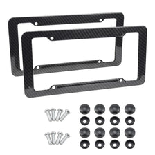 A set of black carbon fiber style license plate frames, including front and rear versions, with mounting screws.