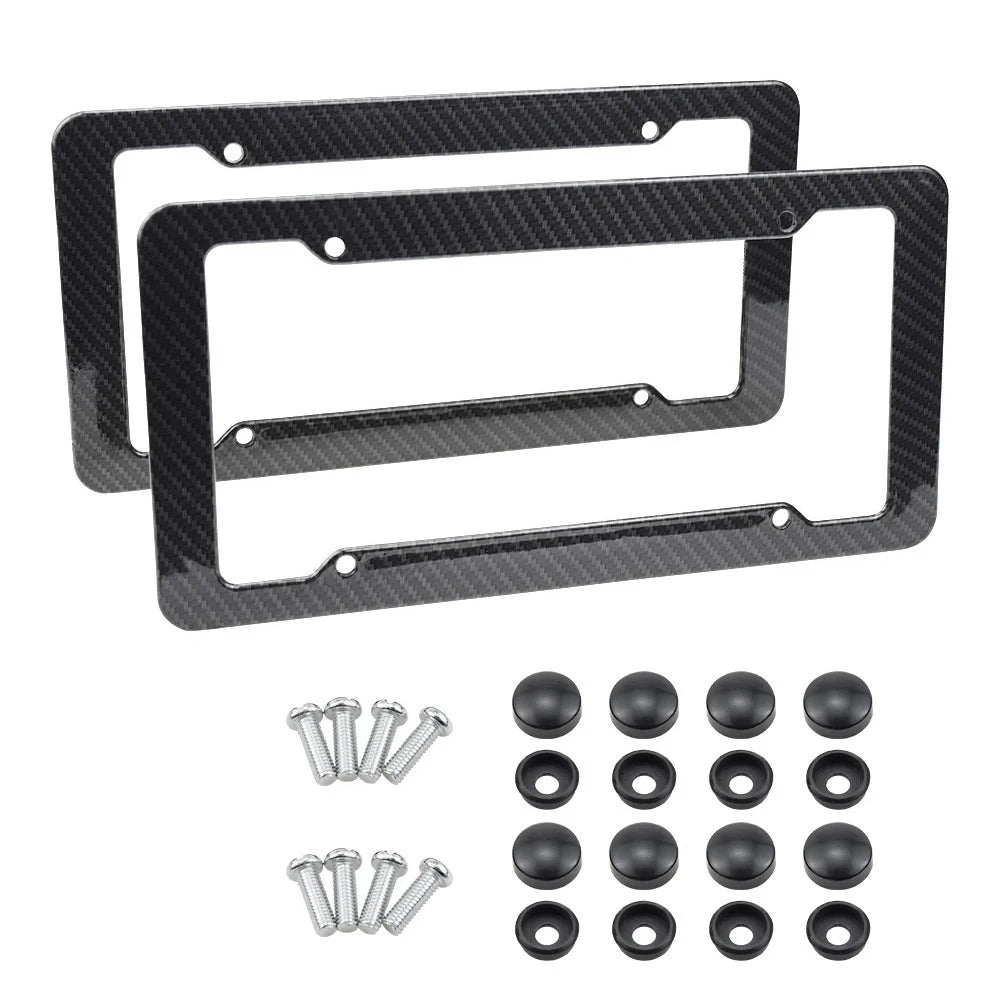 A set of black carbon fiber style license plate frames, including front and rear versions, with mounting screws.