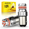 A pair of bright LED lights for automotive use shown next to its packaging box.