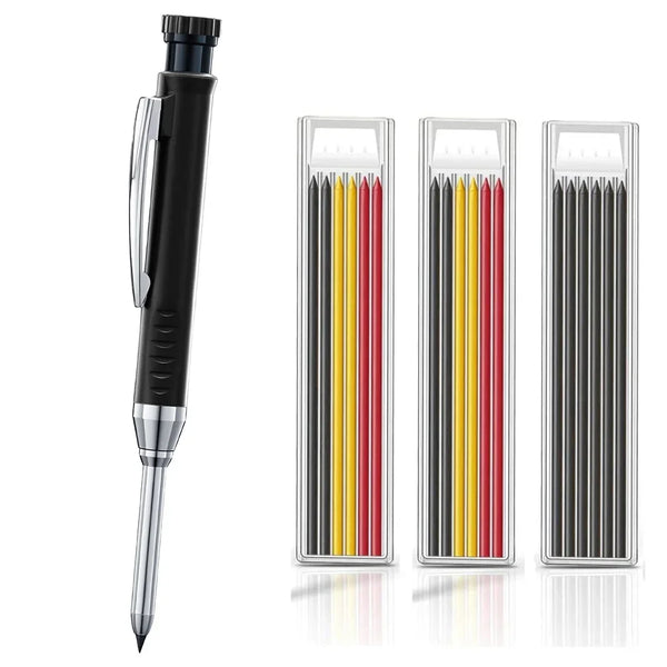 A black solid wood carpenter's mechanical pencil with multiple colored lead tips displayed vertically.