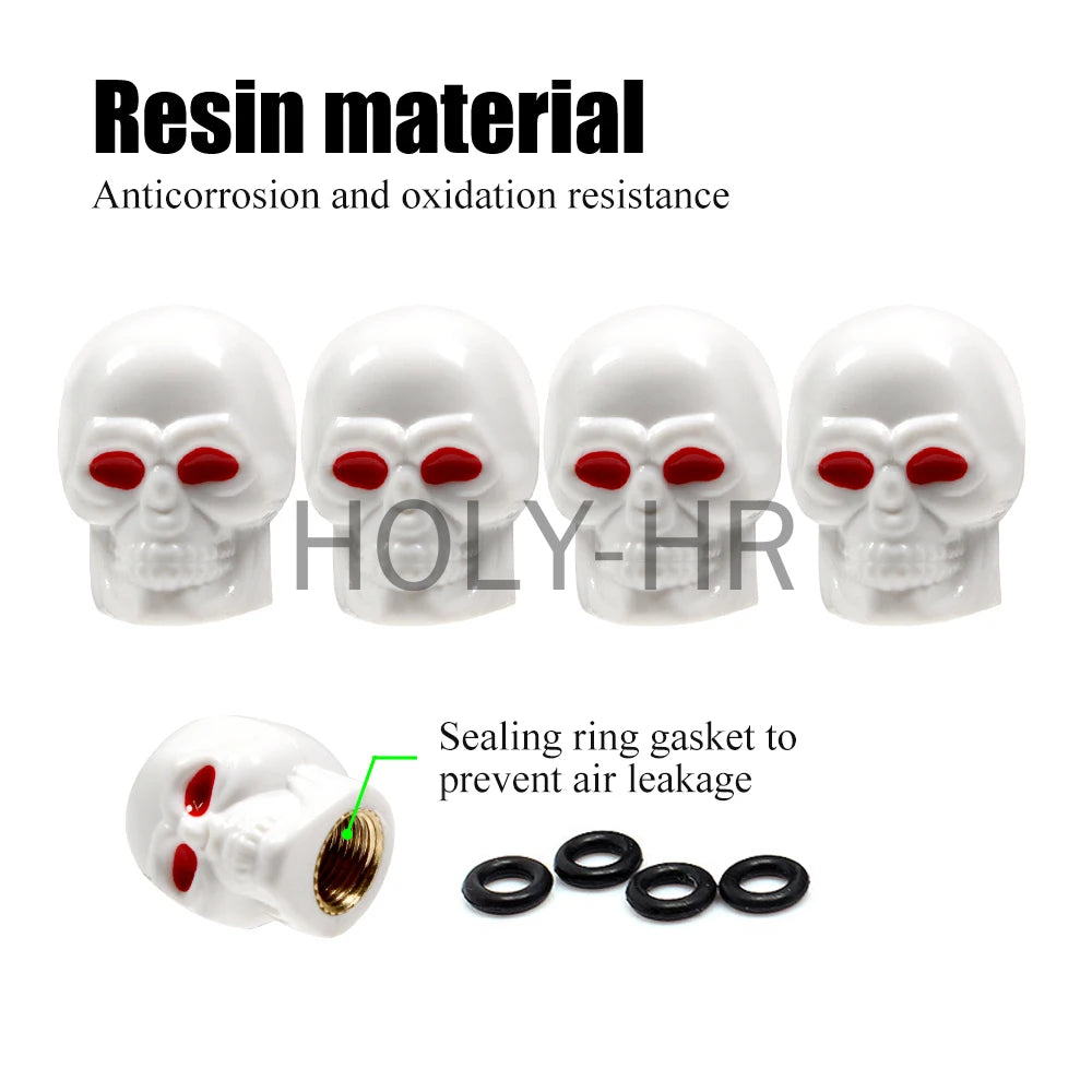White resin skull design tire valve stem caps with sealing ring gaskets