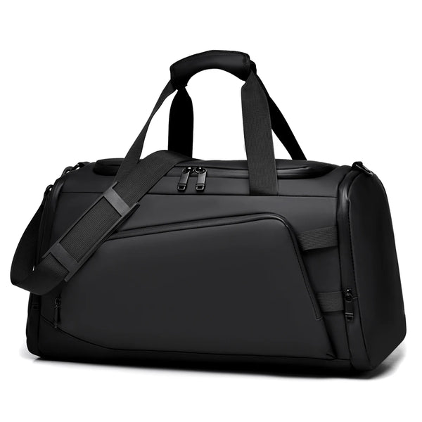 Maleta de viaje negra para hombres con correas y compartimento para zapatos.