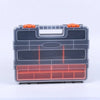 A clear plastic tool box organizer with multiple compartments and orange handles.