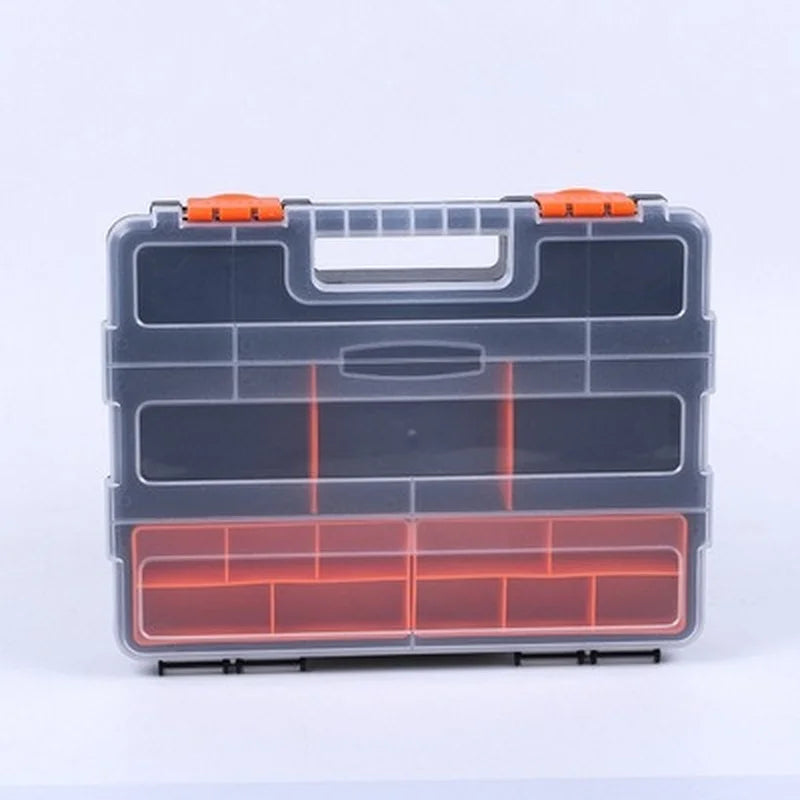 A clear plastic tool box organizer with multiple compartments and orange handles.