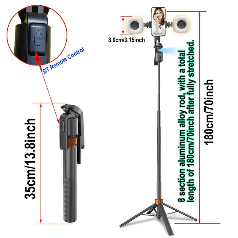 Trípode de selfie con varilla de aleación de aluminio y luces LED duales junto a un control remoto.