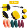A collection of 12 drill brush cleaning tools including yellow and black bristles, various shapes, and colored foam brushes.