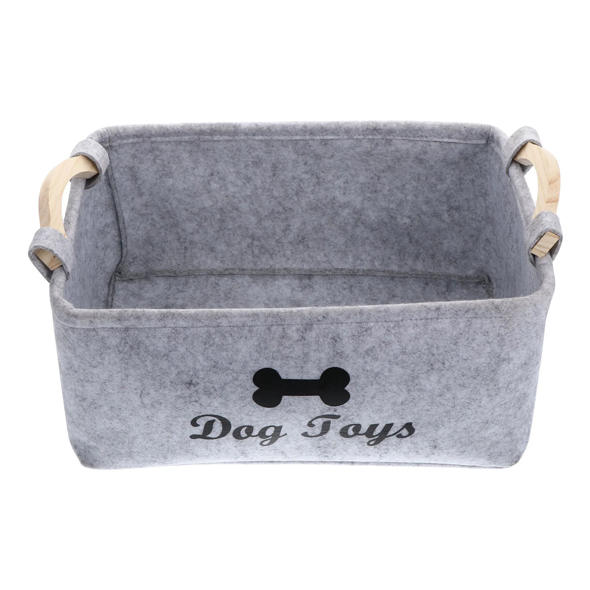 A gray felt pet toy storage basket with wooden handles and the text Dog Toys printed on the front.