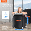 A black portable ice bath tub with a thermal cover is shown, demonstrating its size and capacity.