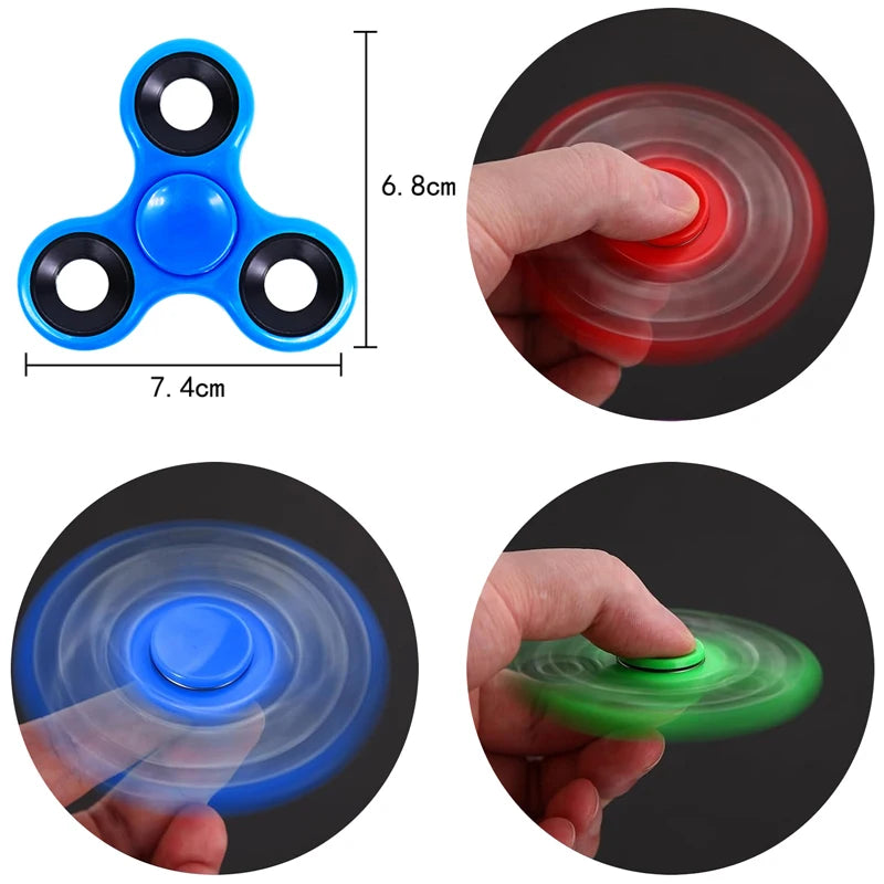 A blue fidget spinner is shown with various spinning motions and colors, demonstrating its smooth movement.