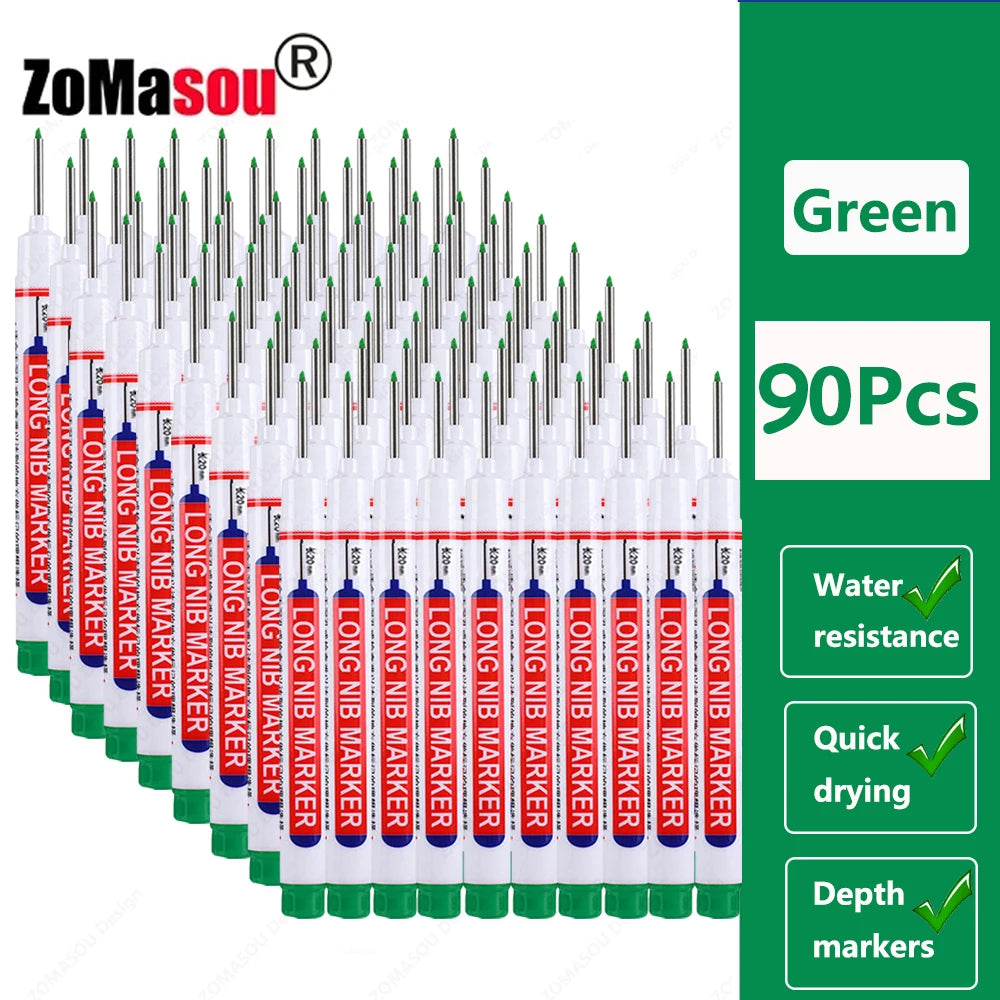 A set of 90 green long nib marker tools for woodworking and construction
