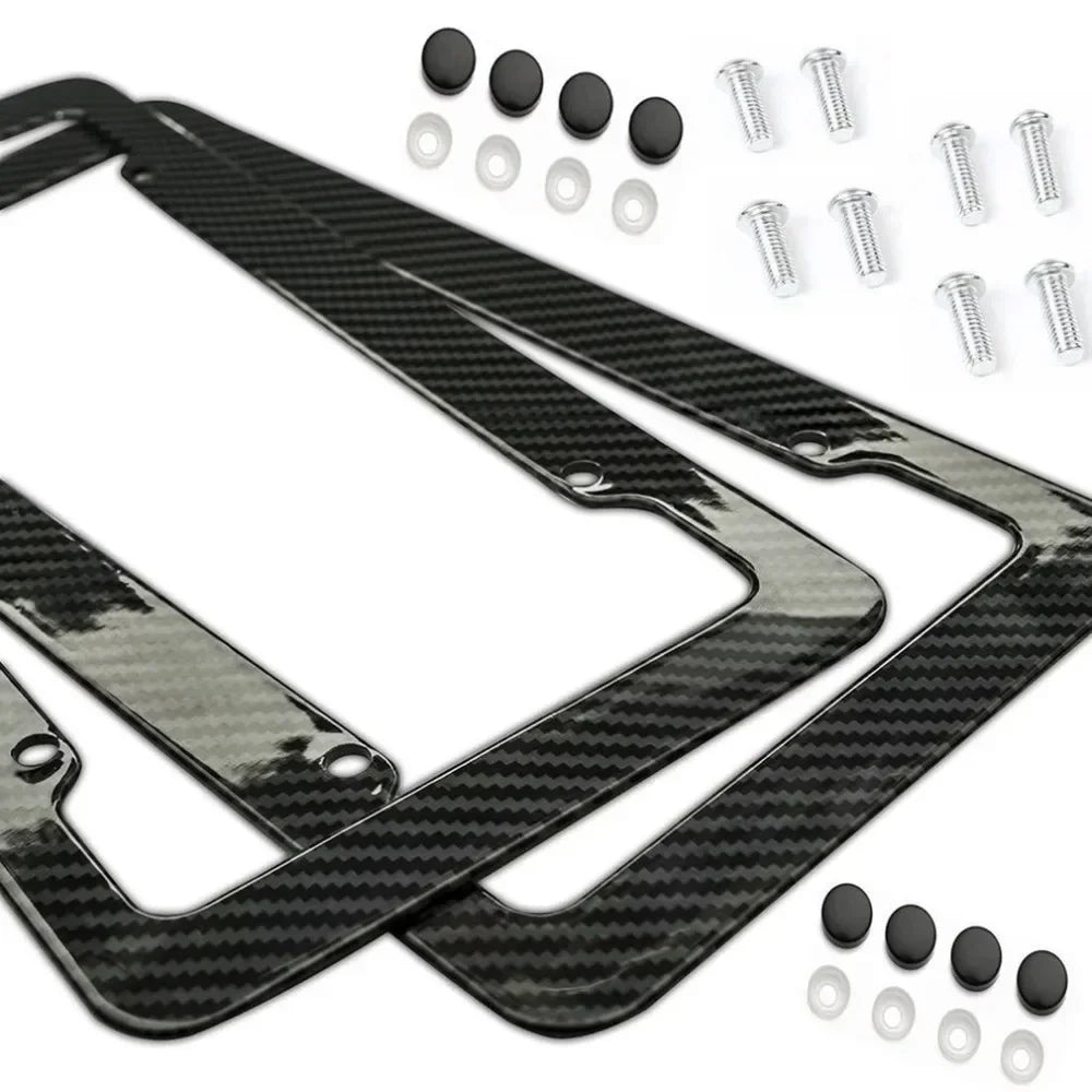 Black carbon fiber license plate frame with mounting screws and washers