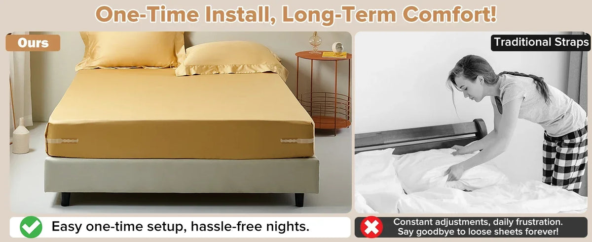 A beige adjustable bed sheet with corner holders shown next to a traditional bed setup.