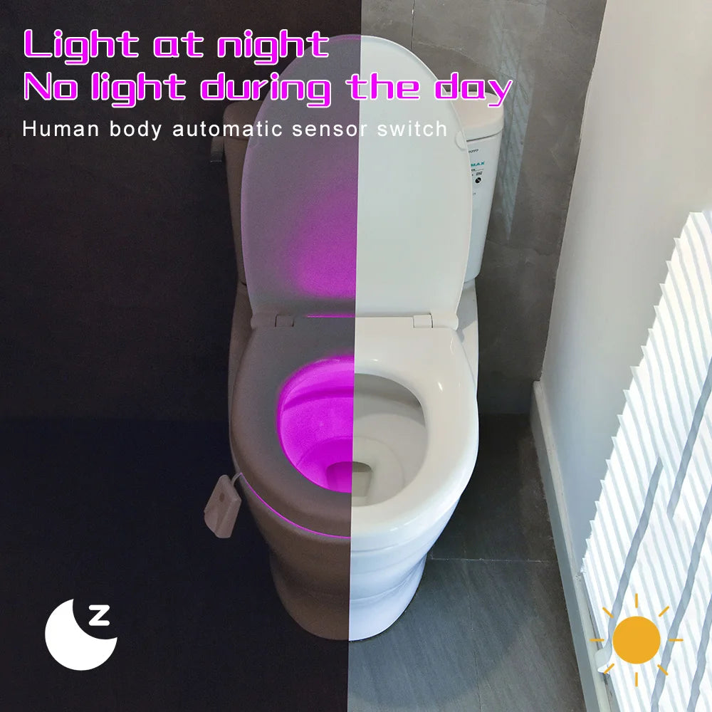 A toilet with a light activated by a human body sensor, showing purple illumination.