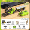 A green 1:64 scale remote control forklift with a trailer and accessories displayed on a wooden surface.