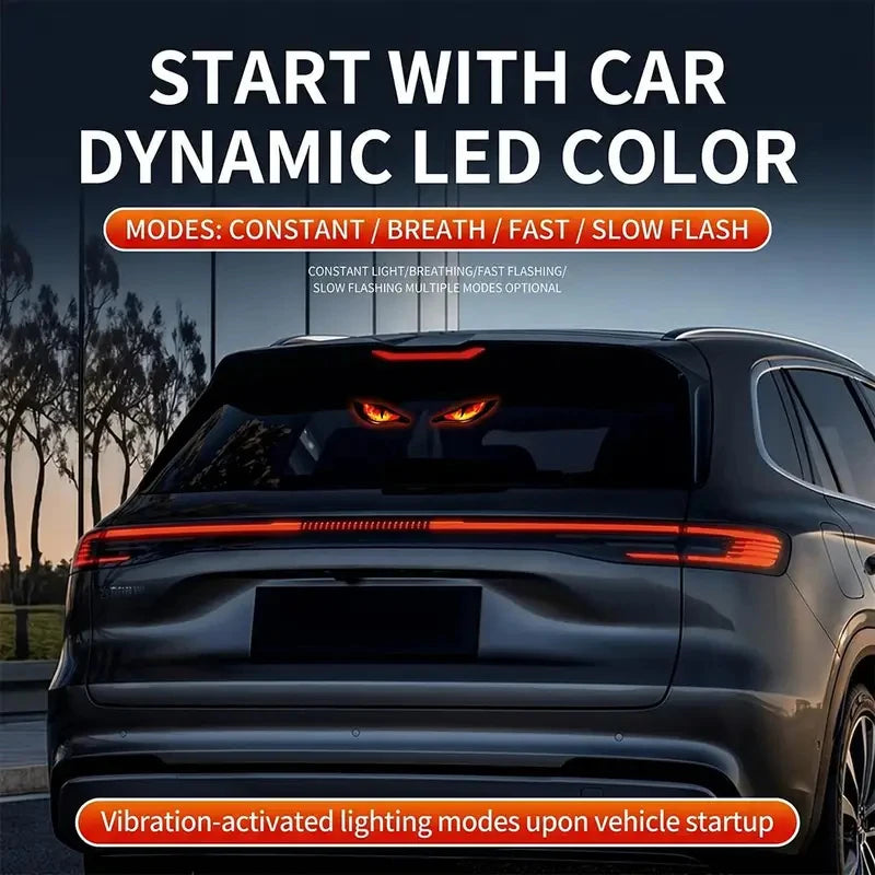 A dark car with an LED light bar featuring a demon eye design, showing various color modes.