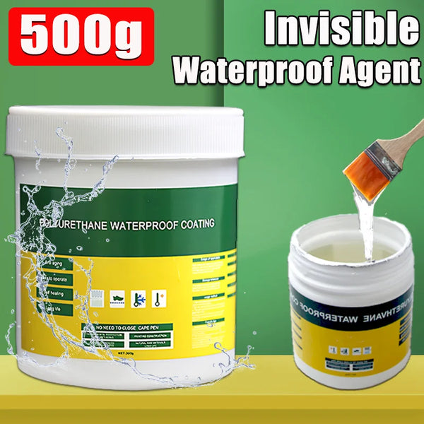 Une boîte de 500g d'enduit imperméable en polyuréthane avec une petite quantité appliquée au pinceau.