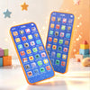 A bright orange kids smartphone displaying a colorful learning interface with icons for music and sounds, set against a soft 