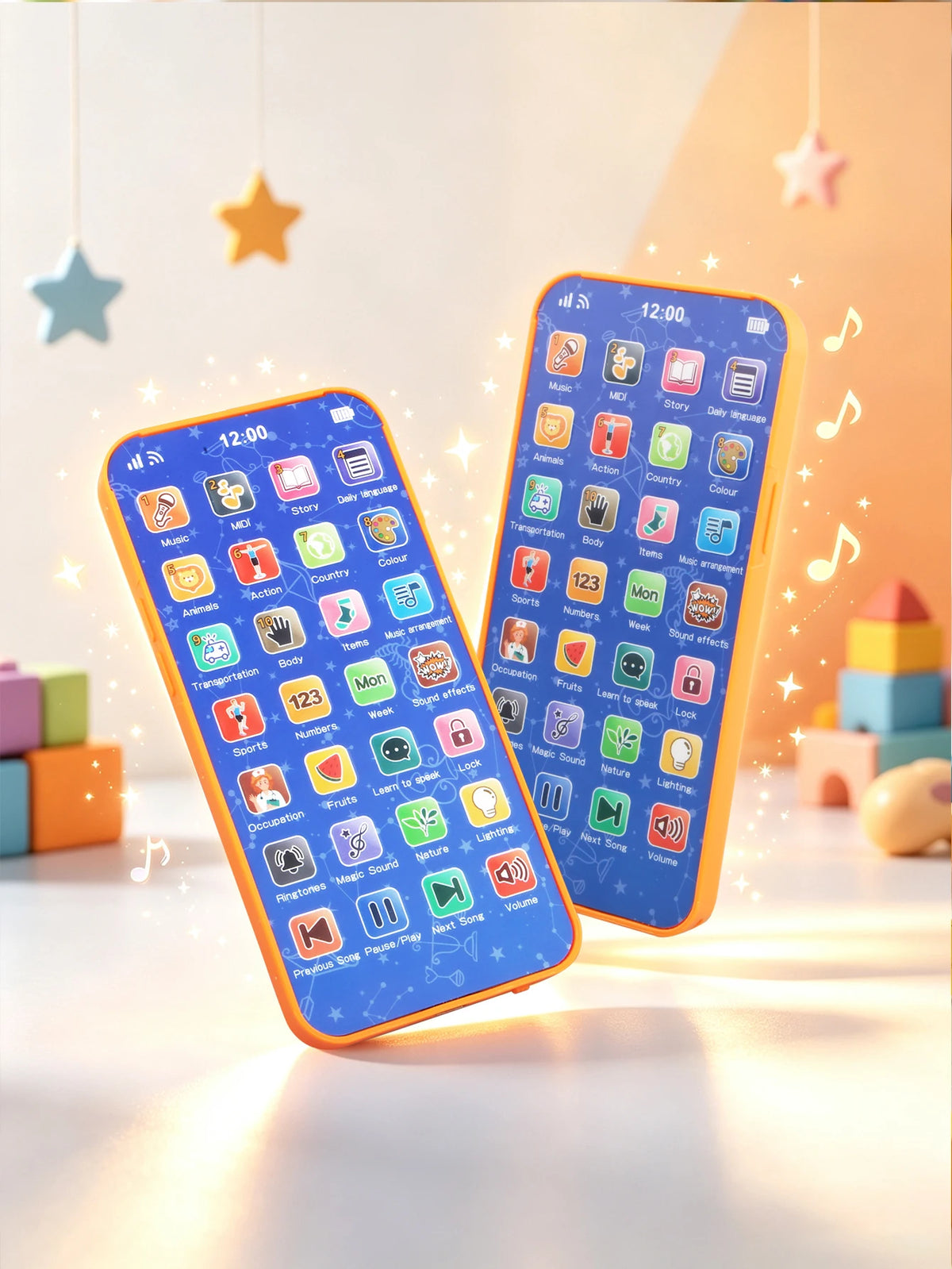 A bright orange kids smartphone displaying a colorful learning interface with icons for music and sounds, set against a soft 