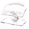 Clear acrylic tablet stand with rotating features for holding an iPad or phone.