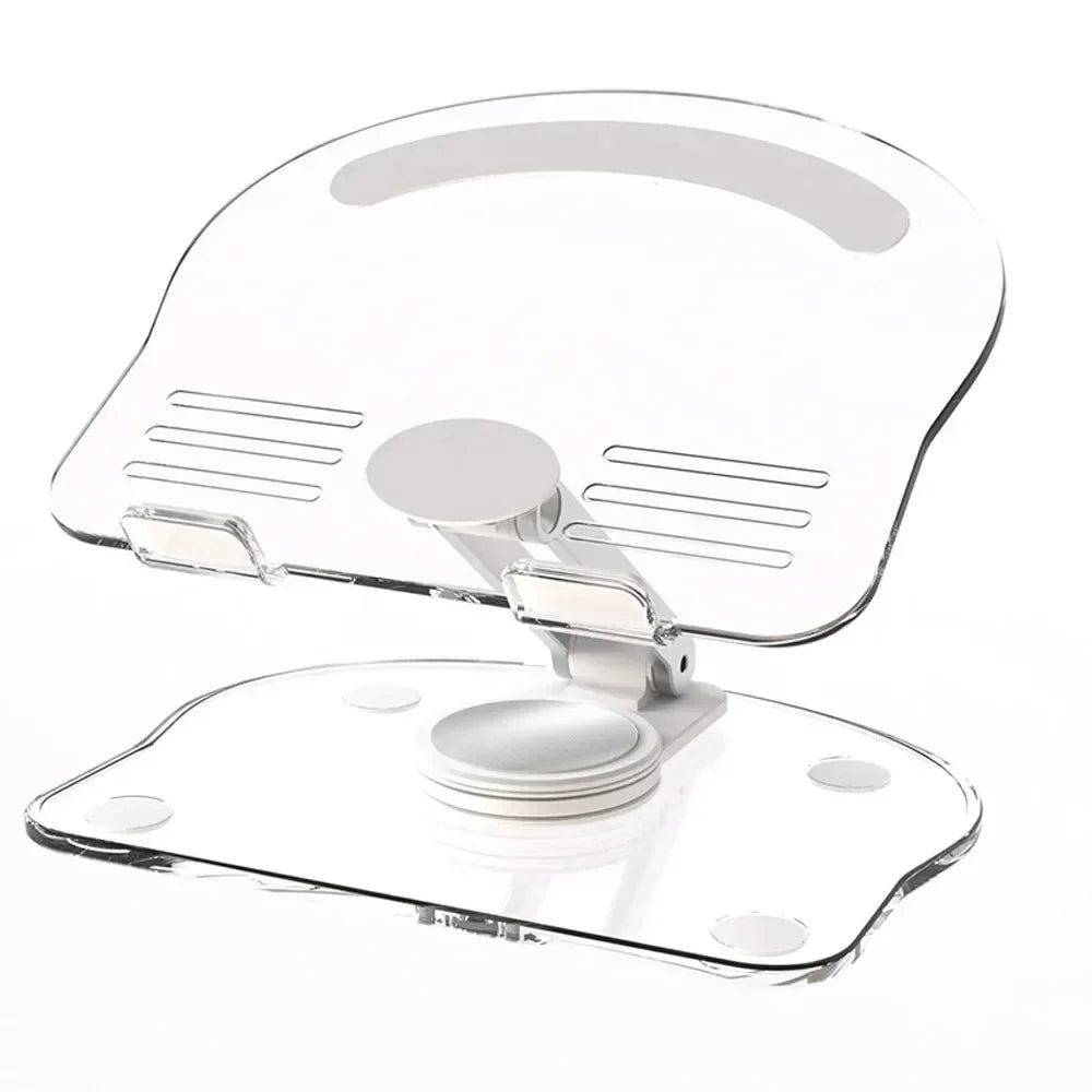 Clear acrylic tablet stand with rotating features for holding an iPad or phone.