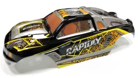 A black and yellow high-speed RC car receiver parts kit with silver accents.