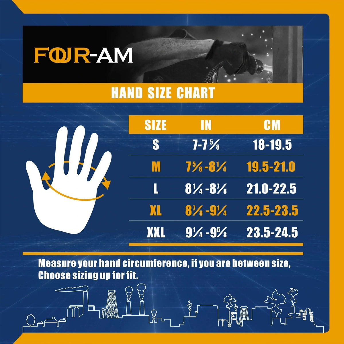 Hand size chart for work gloves showing measurements in inches and centimeters for sizes S through XXL