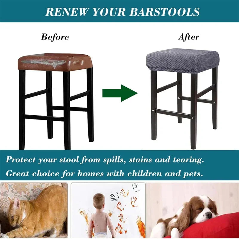 Before and after comparison of a bar stool slipcover, showing protection against spills and stains.
