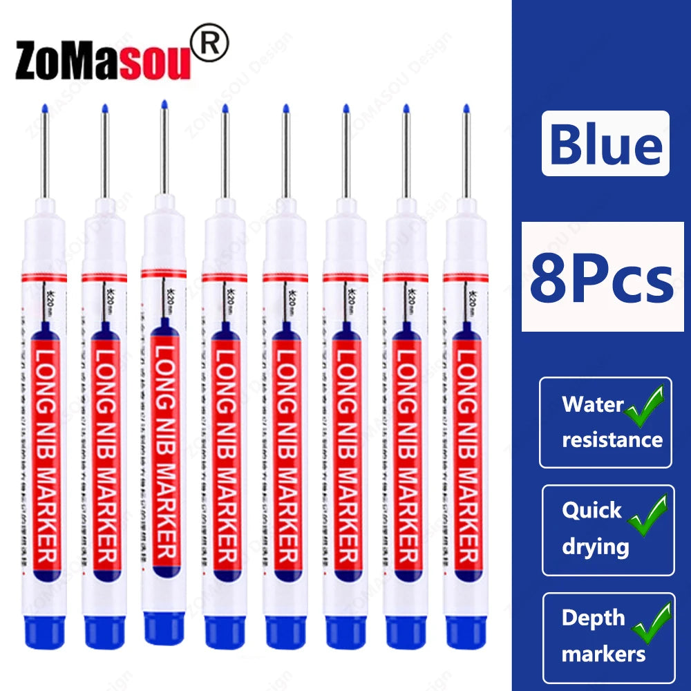 Eight blue long marker depth markers for woodworking and construction