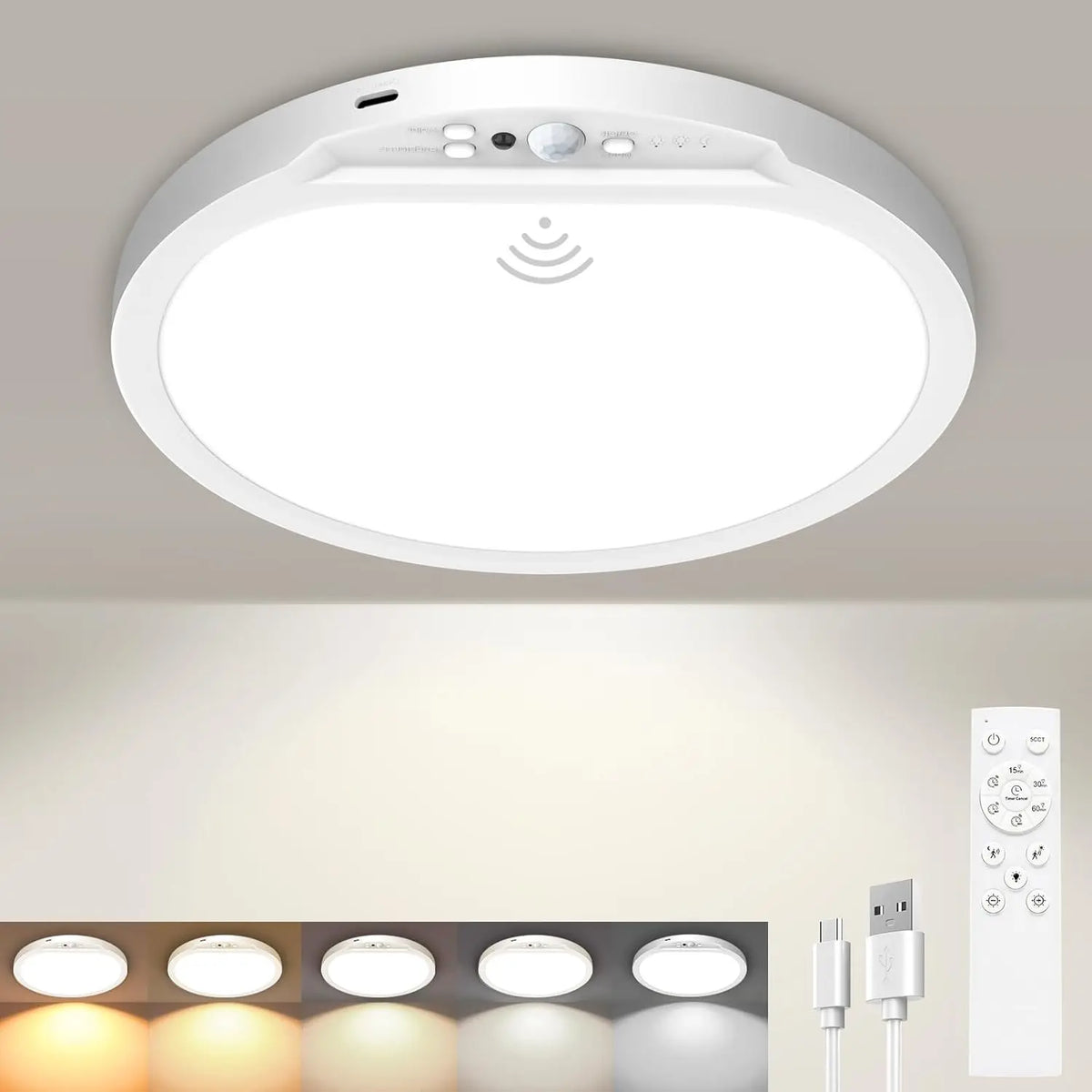 A white rechargeable motion sensor ceiling light fixture is mounted on a ceiling, with several recessed lights below it.