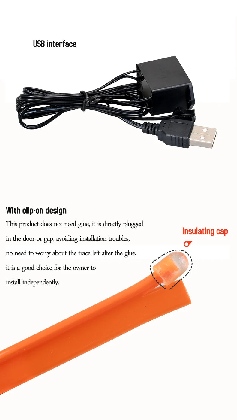 A black USB interface cable and an orange clip-on light strip are shown.
