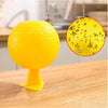 A bright yellow sticky fruit fly trap ball with black specks, shown next to a wooden surface.