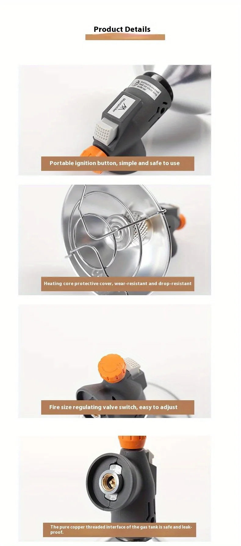 A portable butane gas stove featuring an ignition button, a heating core protective cover, and a fire size regulating valve s