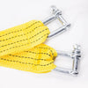 Yellow heavy-duty vehicle recovery towing strap with silver metal clasps