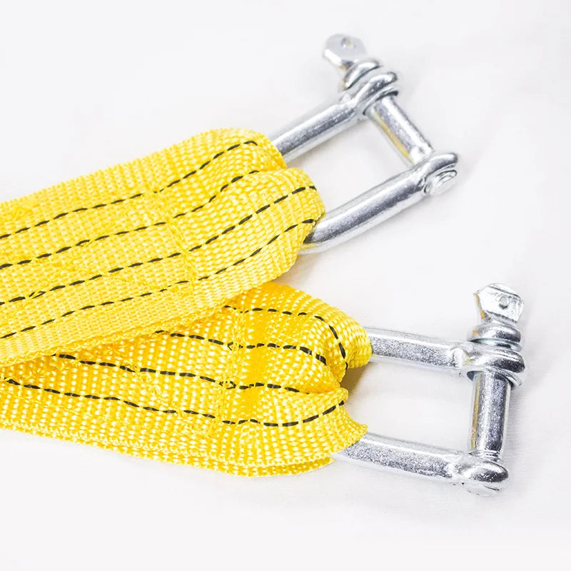 Yellow heavy-duty vehicle recovery towing strap with silver metal clasps