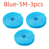 Three blue heavy-duty nylon outdoor clotheslines rolled up for drying laundry