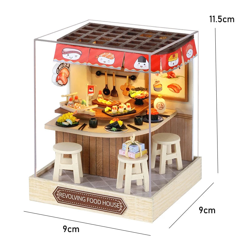 A wooden miniature Japanese tea house kit featuring a counter, stools, and food display under a roof with LED lighting.
