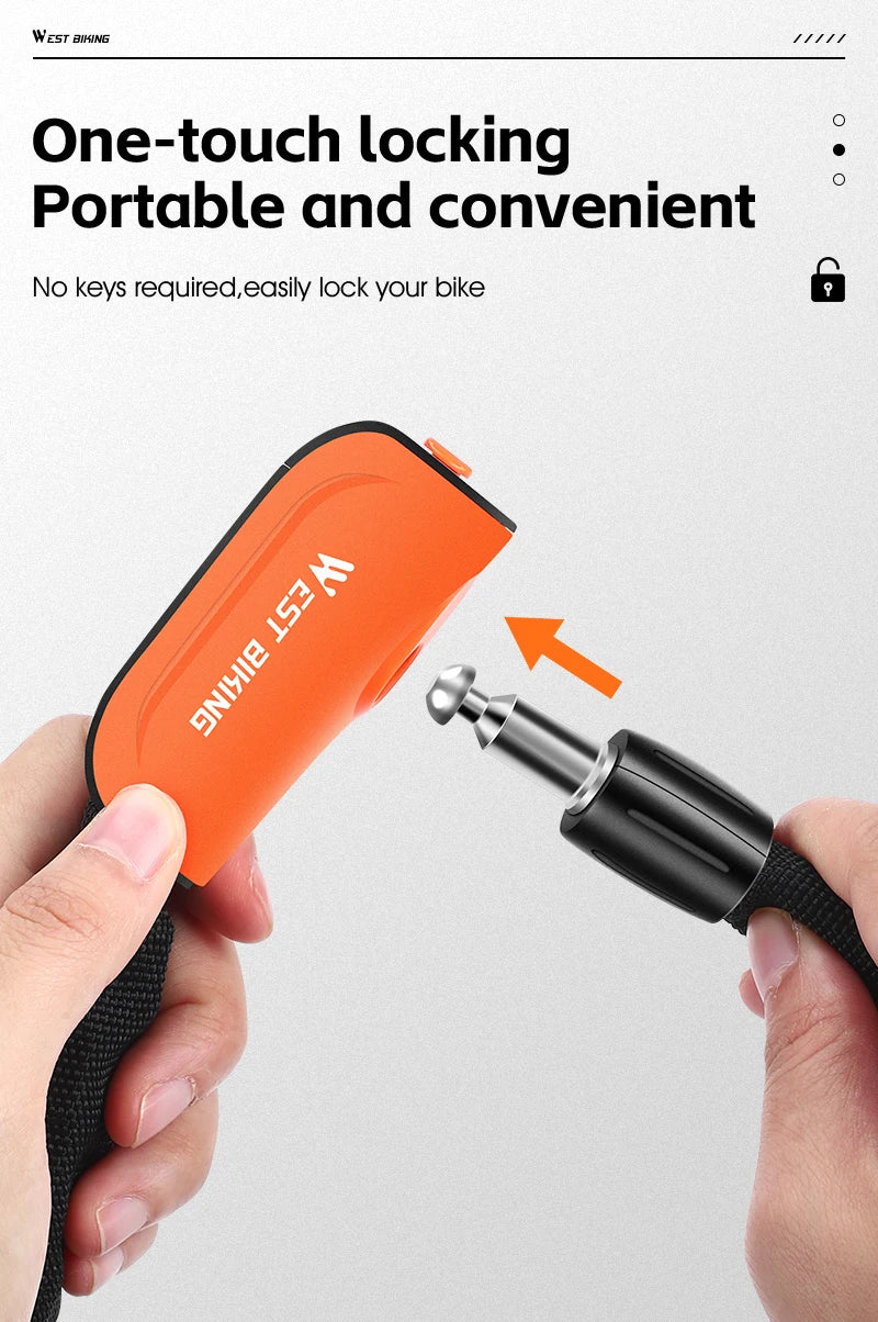 An orange West Biking one-touch locking portable bike lock is shown being used to secure a bicycle.