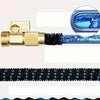 Expandable telescopic garden hose with brass nozzle and blue patterned flexible hose.
