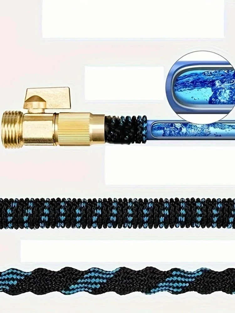 Expandable telescopic garden hose with brass nozzle and blue patterned flexible hose.