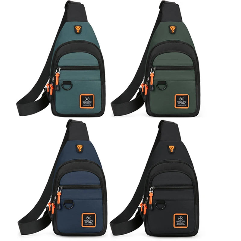 A set of black and dark green water-resistant crossbody bags for biking, hiking, and daily commutes.
