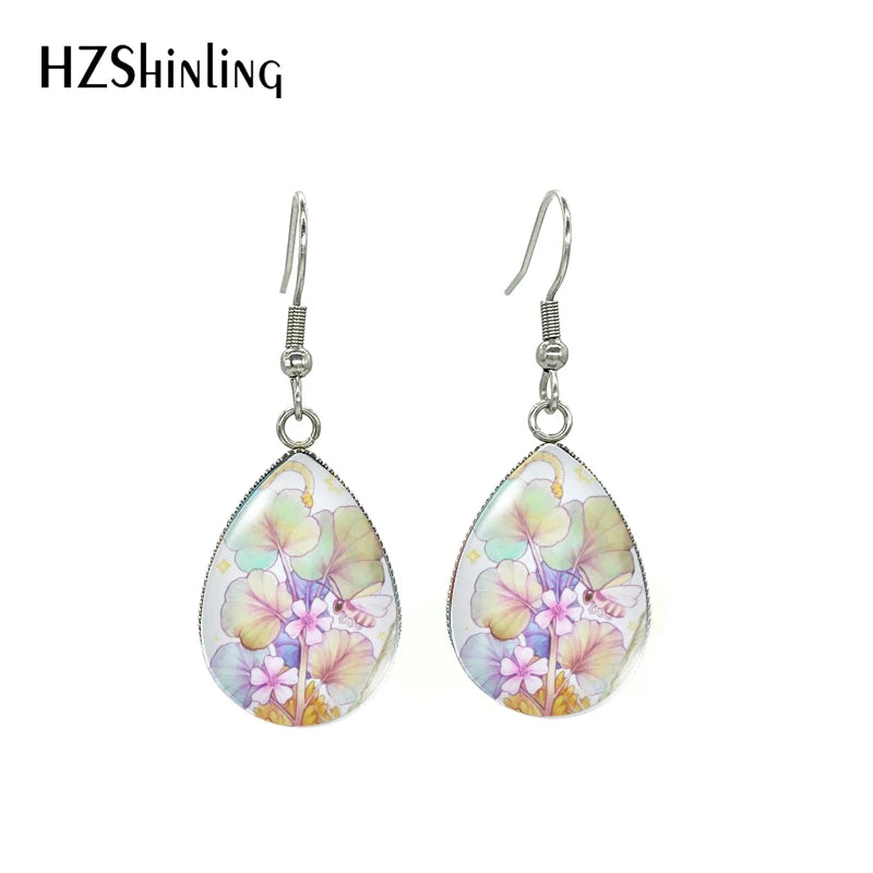 Aretes de Aro en Forma de Lágrima con Arte de Abeja y Flores