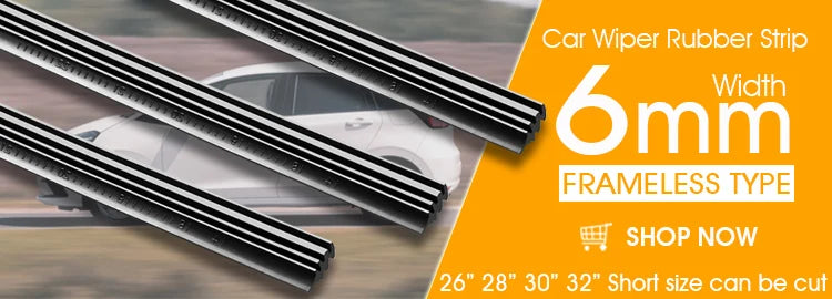 Car wiper rubber strip in a frameless type, 6mm width, shown with a car in the background.