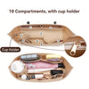 Organizador de cartera de fieltro beige con 10 compartimentos y soporte para taza.